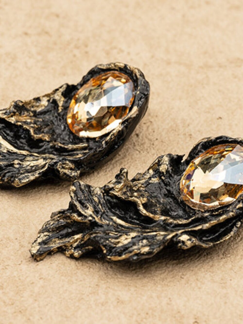 Handmade Papier-Mâché Gold Leaf Wing Earrings, Black and Topaz
